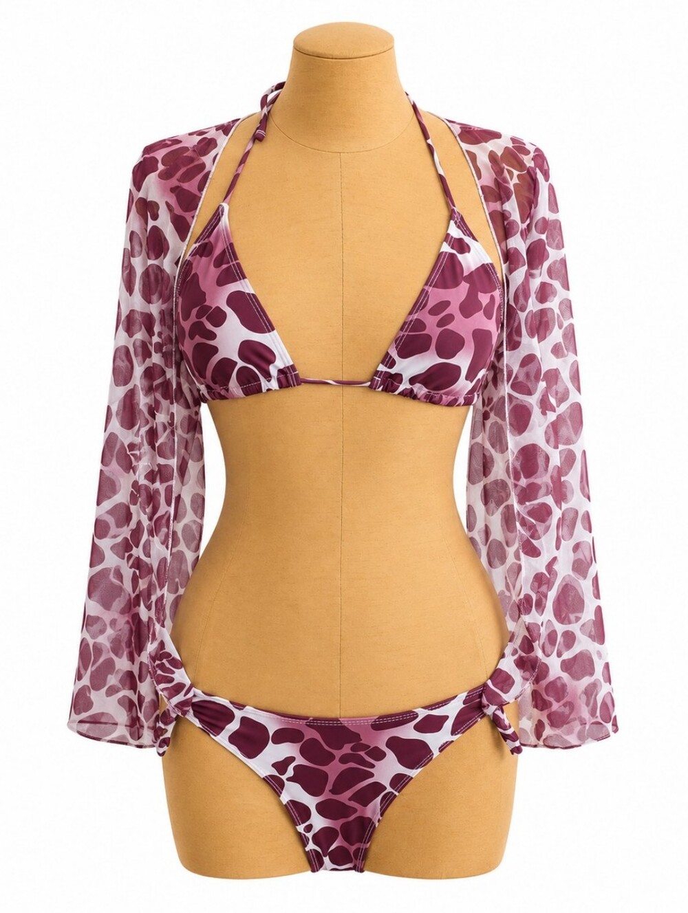 SHEIN 3 Piece Bikini Set Brown Abstract Print Mesh Cover Up Halter Swimwear S